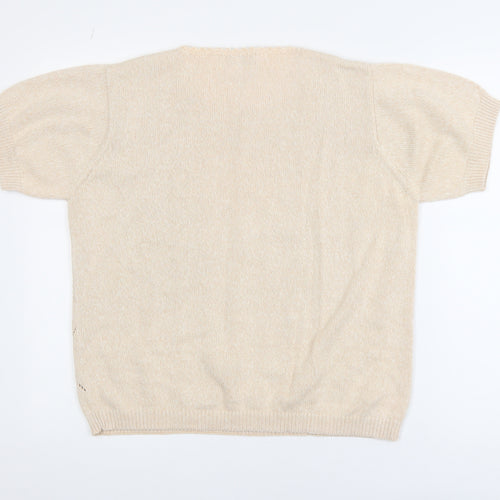 Jumper Women Beige L Short Sleeve Cotton Open-Knit Pullover