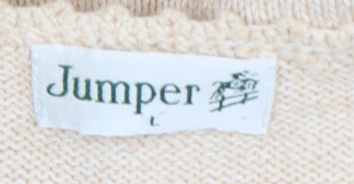 Jumper Women Beige L Short Sleeve Cotton Open-Knit Pullover