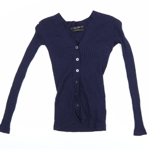 Zara Women Blue Merino Wool Slim Fit V-Neck Cardigan Size 8