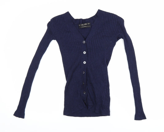 Zara Women Blue Merino Wool Slim Fit V-Neck Cardigan Size 8