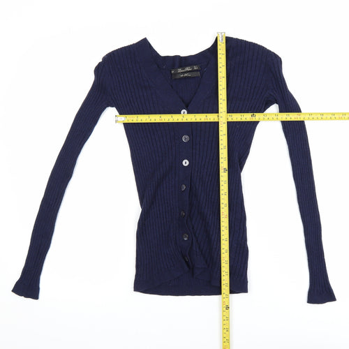 Zara Women Blue Merino Wool Slim Fit V-Neck Cardigan Size 8
