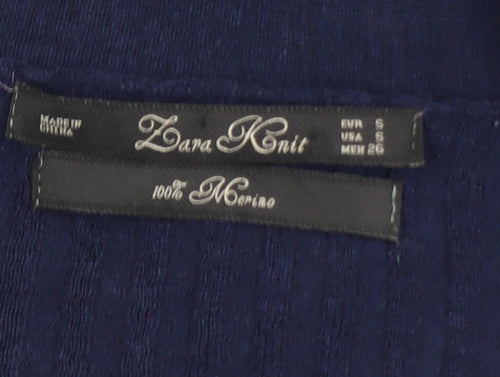 Zara Women Blue Merino Wool Slim Fit V-Neck Cardigan Size 8