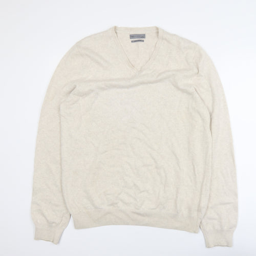 Marks and Spencer Men Beige Cotton V-Neck Jumper Size L