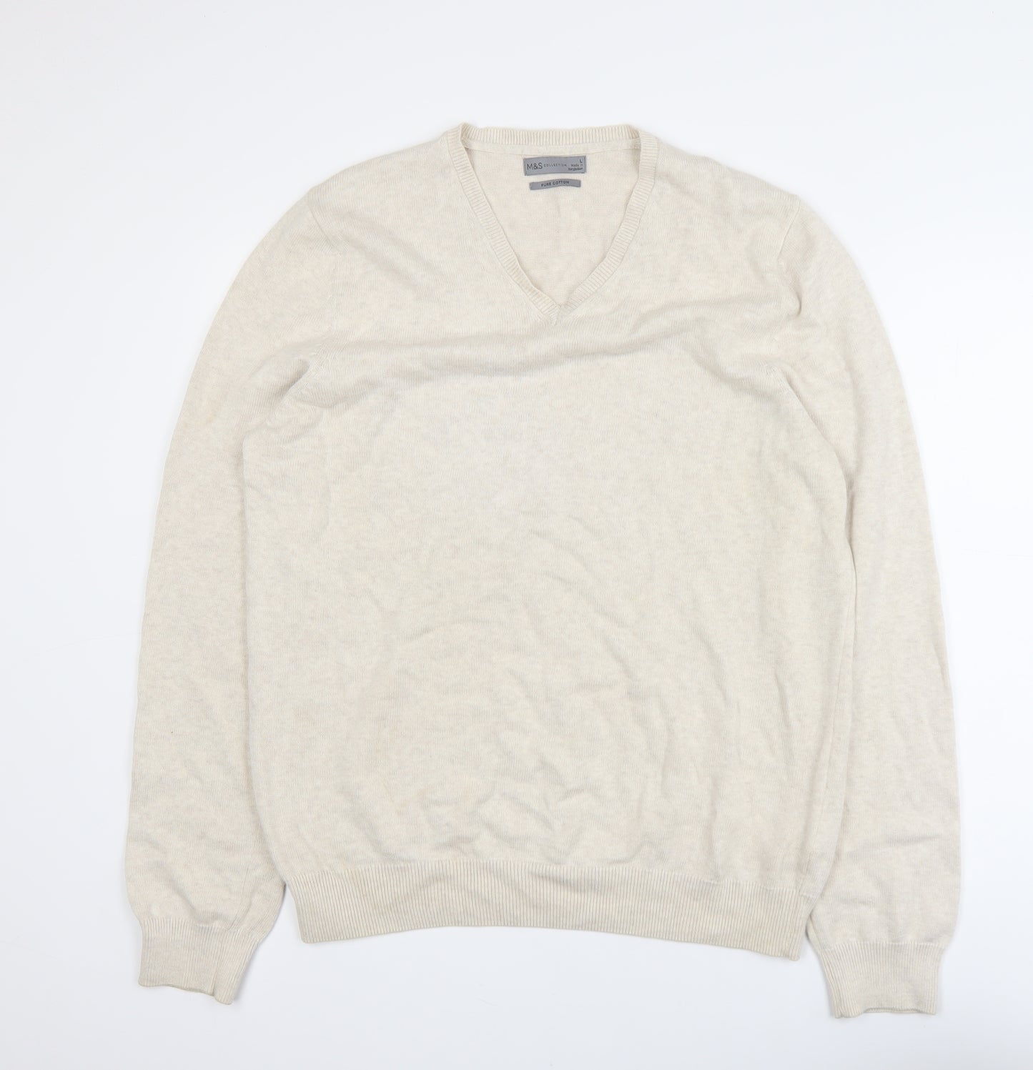 Marks and Spencer Men Beige Cotton V-Neck Jumper Size L