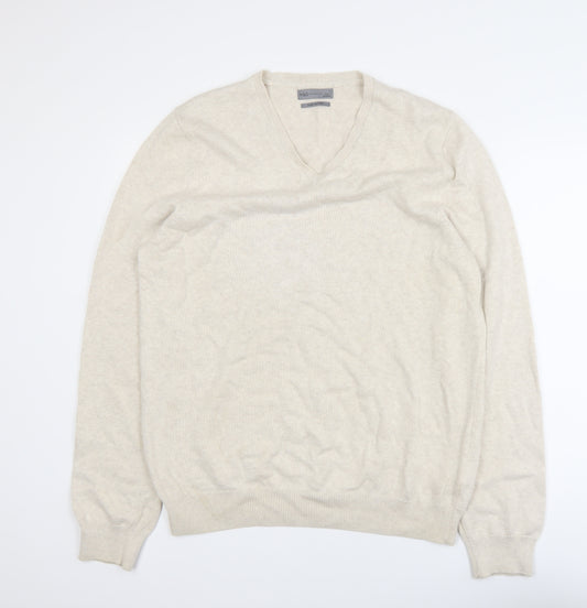 Marks and Spencer Men Beige Cotton V-Neck Jumper Size L