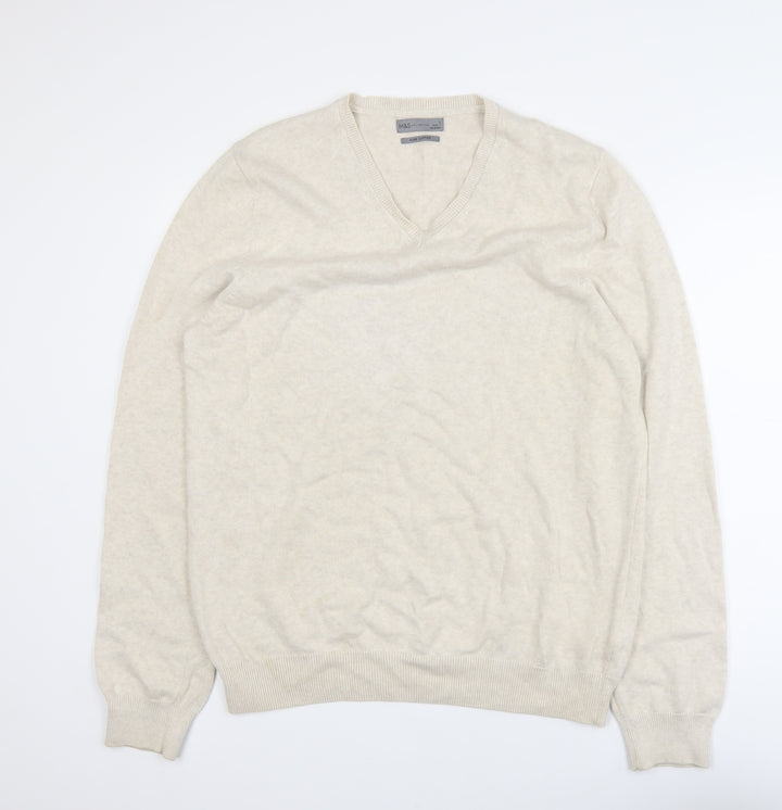 Marks and Spencer Men Beige Cotton V-Neck Jumper Size L