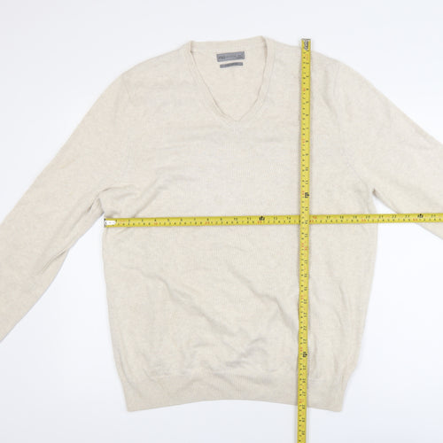 Marks and Spencer Men Beige Cotton V-Neck Jumper Size L