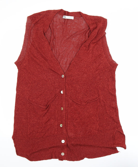 Zara Women Red Sleeveless Cardigan Knit Vest Size 14