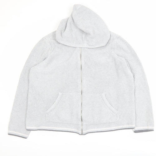 Lands' End Women Light Grey Full Zip Hooded Cardigan L 100% Cotton