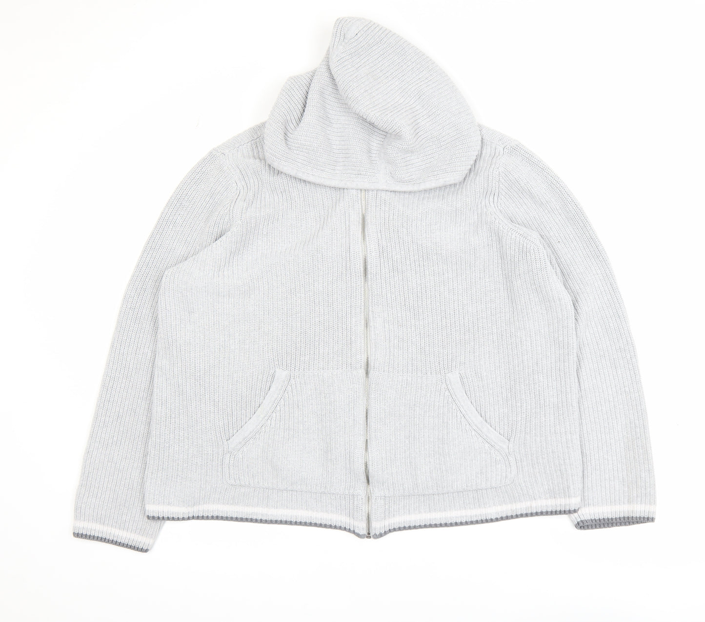 Lands' End Women Light Grey Full Zip Hooded Cardigan L 100% Cotton