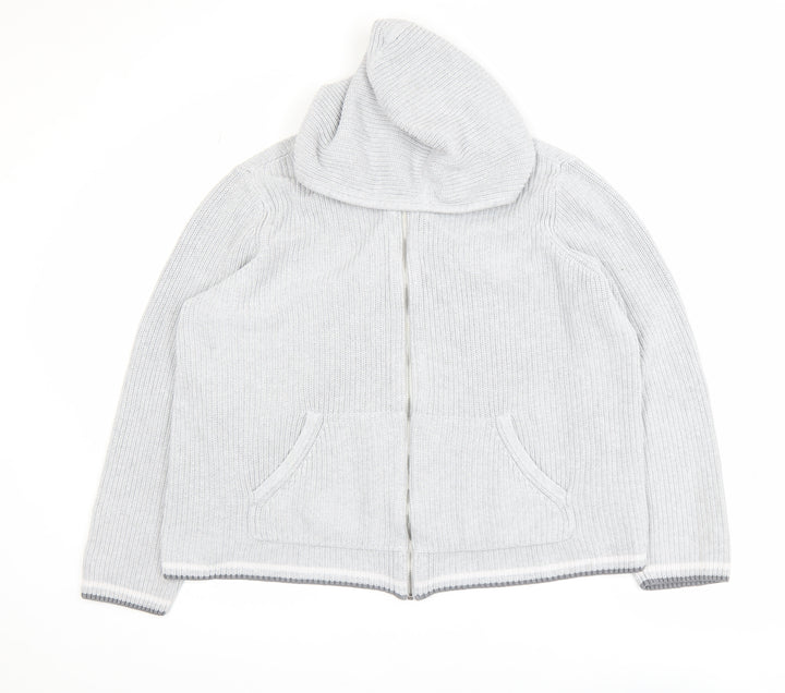 Lands' End Women Light Grey Full Zip Hooded Cardigan L 100% Cotton