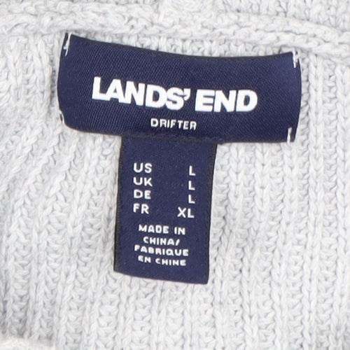 Lands' End Women Light Grey Full Zip Hooded Cardigan L 100% Cotton