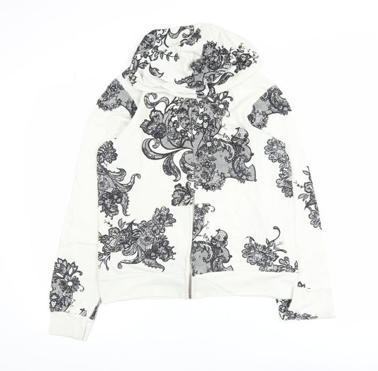 Truly Madly Deeply Womens White Floral Print Cotton Zip Hoodie L