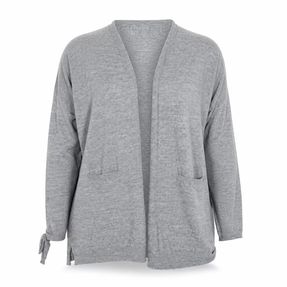 Front view of Monsoon women’s grey long sleeve open knit cardigan xl