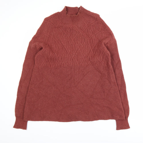 WoolOvers Womens Brown Lambswool Mock Neck Cable Knit Jumper L