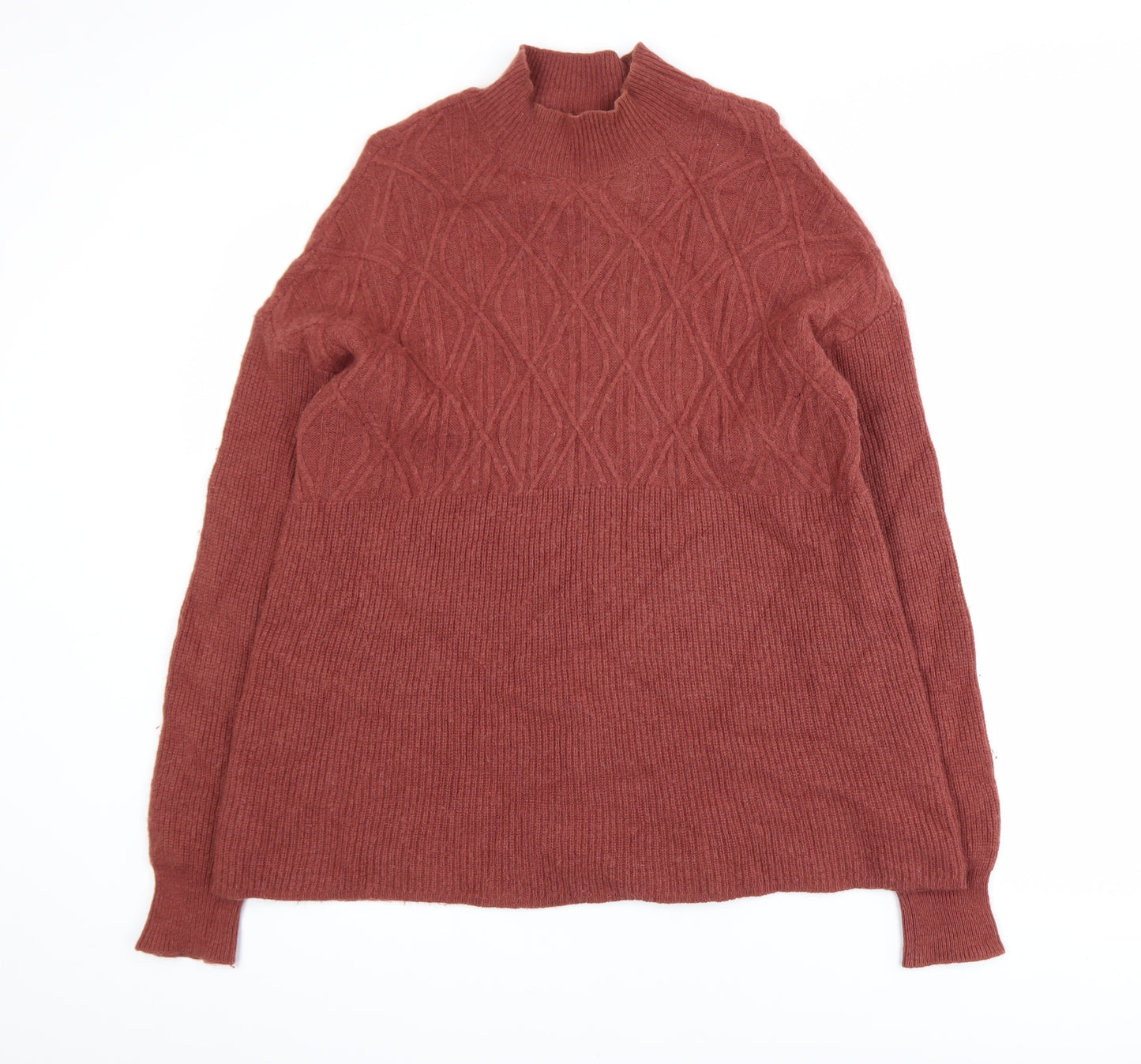 WoolOvers Womens Brown Lambswool Mock Neck Cable Knit Jumper L