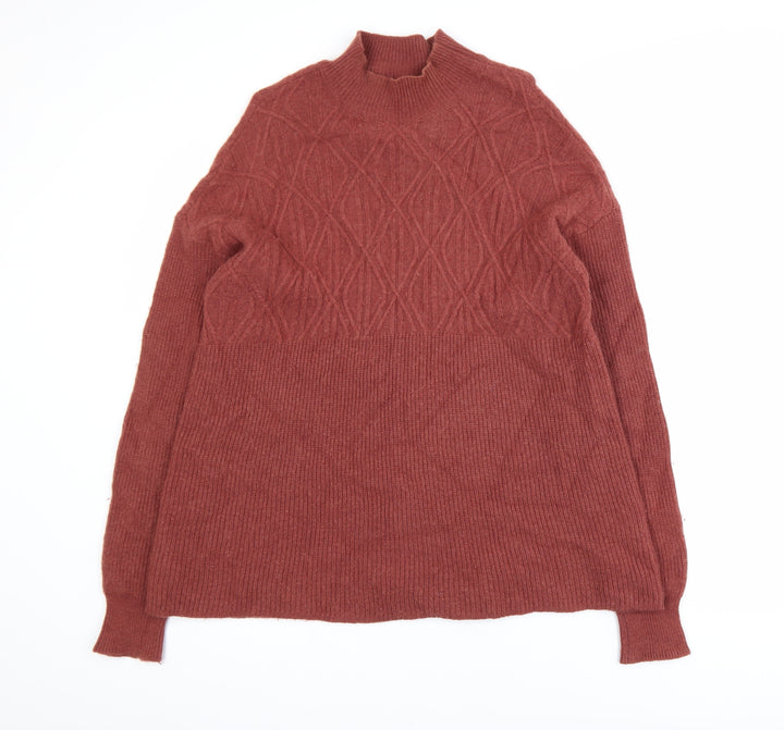 WoolOvers Womens Brown Lambswool Mock Neck Cable Knit Jumper L