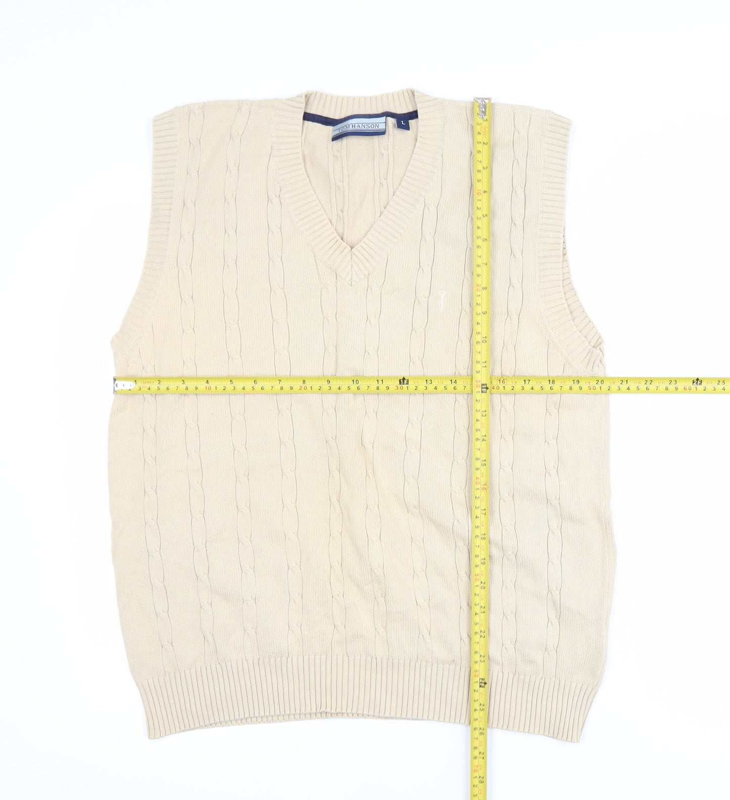 Tom Hanson Men's Beige Cotton Cable Knit V-Neck Vest L