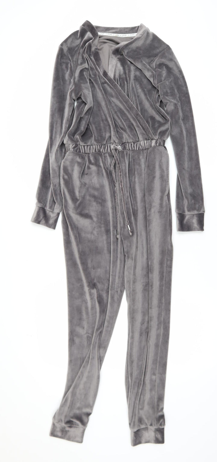 George Women Grey Velour Jumpsuit Small Long Sleeve Drawstring Waist Lounge