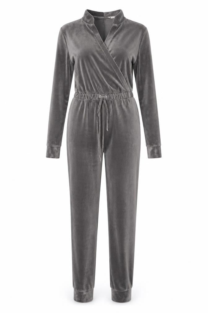 George Women Grey Velour Jumpsuit Small Long Sleeve Drawstring Waist Lounge