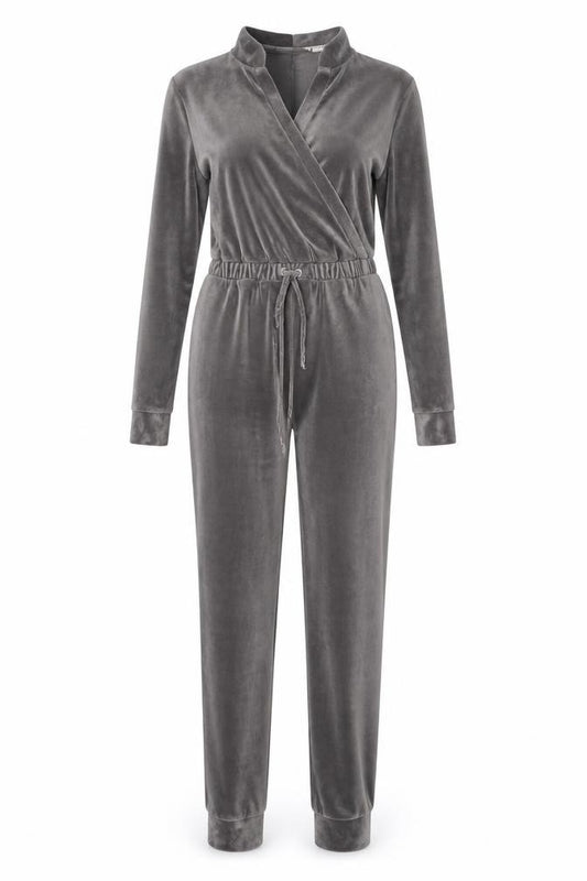 George Women Grey Velour Jumpsuit Small Long Sleeve Drawstring Waist Lounge
