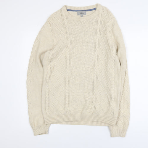 Marks and Spencer Men's Beige Cotton Cable-Knit Jumper Size S