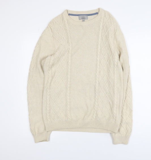 Marks and Spencer Men's Beige Cotton Cable-Knit Jumper Size S