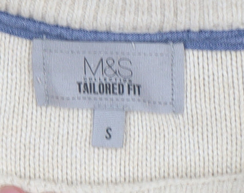 Marks and Spencer Men's Beige Cotton Cable-Knit Jumper Size S