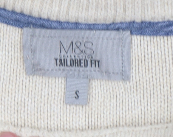 Marks and Spencer Men's Beige Cotton Cable-Knit Jumper Size S