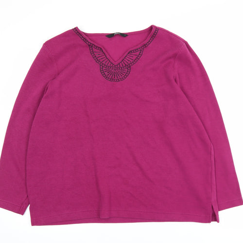 BM Casual Women's Pink V-Neck Embroidered Pullover Jumper Size L