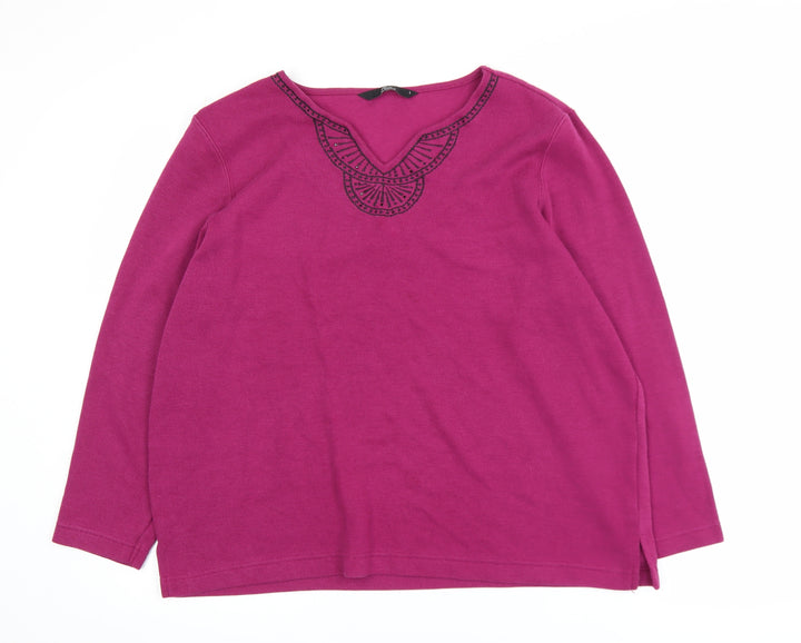 BM Casual Women's Pink V-Neck Embroidered Pullover Jumper Size L