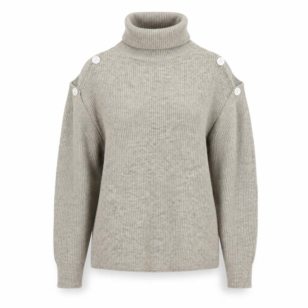 Front view of NÜ Denmark women’s beige roll neck cold shoulder jumper xs