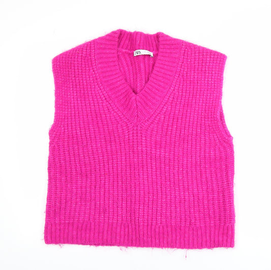 Zara Women Pink Chunky-Knit V-Neck Sleeveless Vest Jumper Size S