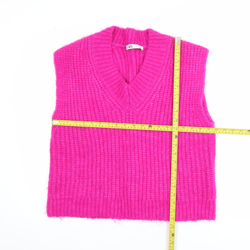 Zara Women Pink Chunky-Knit V-Neck Sleeveless Vest Jumper Size S