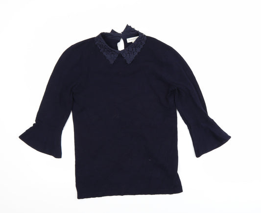 Warehouse Women Blue Collared Lace Blouse Size 8 3/4 Sleeve Tunic