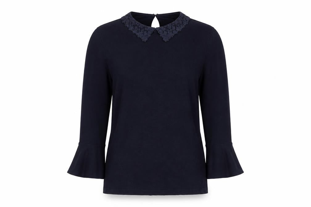 Front view of Warehouse Women Blue Collared Lace Blouse, size 8, 3/4 Sleeve Tunic
