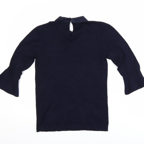 Warehouse Women Blue Collared Lace Blouse Size 8 3/4 Sleeve Tunic