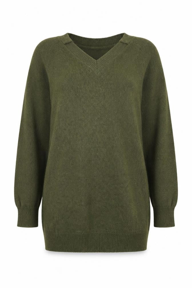 Front view of Zara Women’s Green V-Neck Long Sleeve jumper, size S