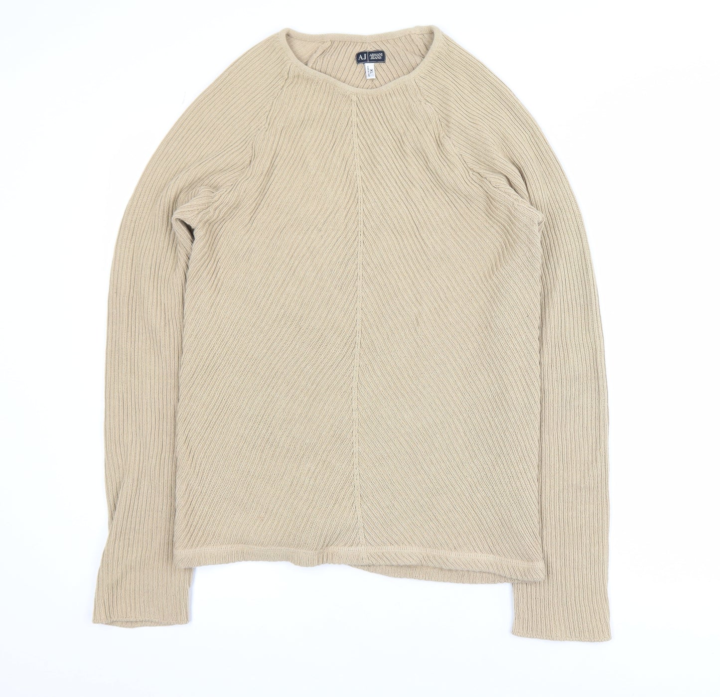 Armani Jeans Men Beige XL Ribbed Cotton Crew Neck Pullover Jumper