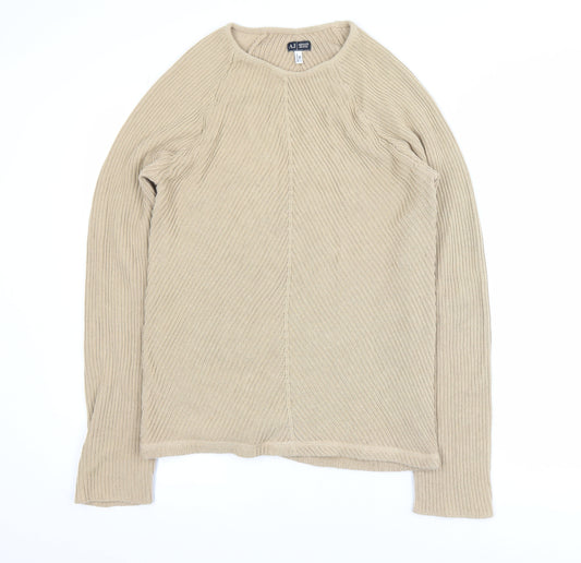Armani Jeans Men Beige XL Ribbed Cotton Crew Neck Pullover Jumper
