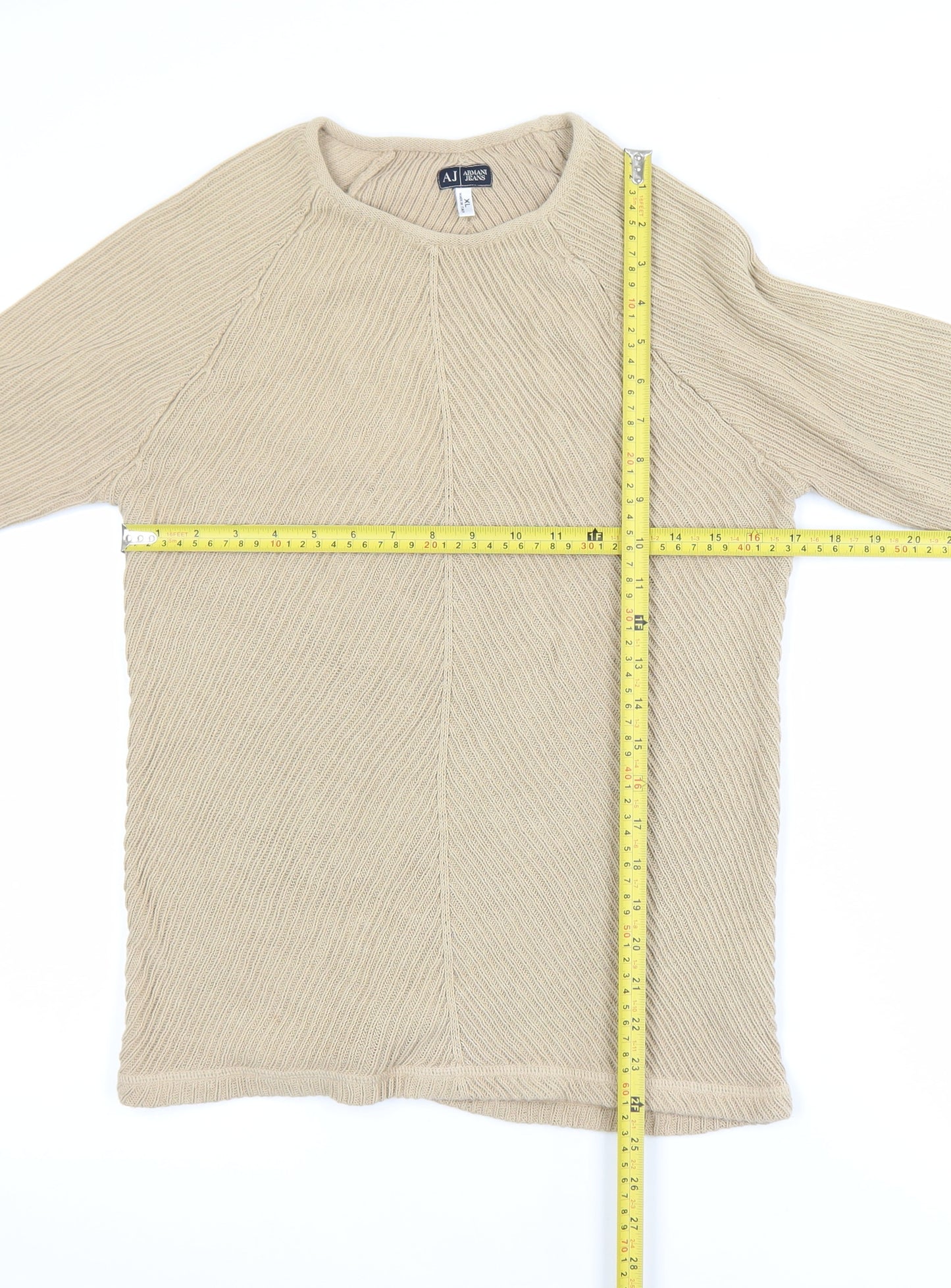 Armani Jeans Men Beige XL Ribbed Cotton Crew Neck Pullover Jumper