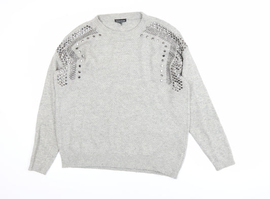 Warehouse Women's Grey Studded Knit Jumper Size 10 Crew Neck