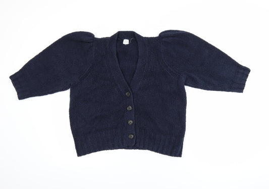 John Lewis Women Navy Blue Puff Sleeve Cardigan Size 12 Cotton Blend