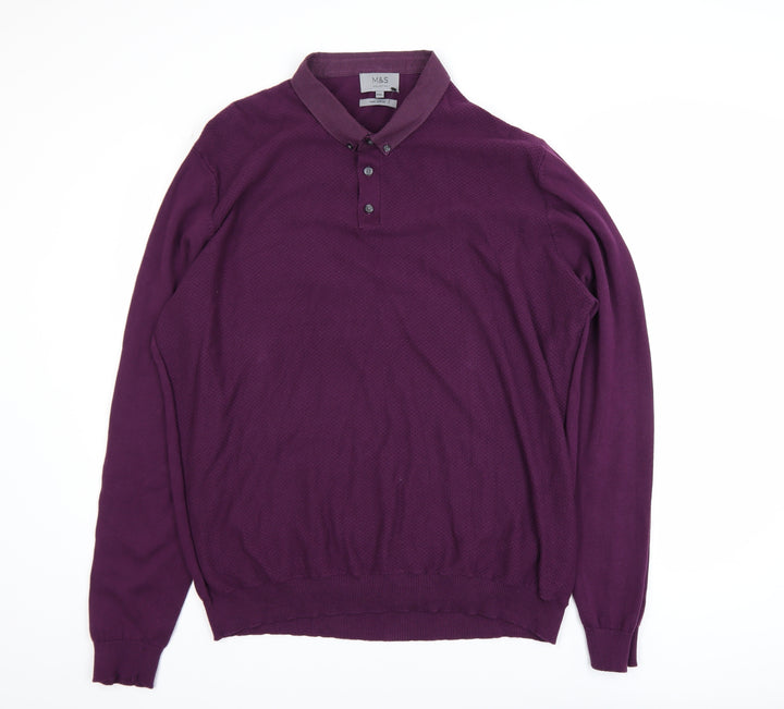 Marks and Spencer Men’s Purple 2XL Cotton Collared Henley Jumper