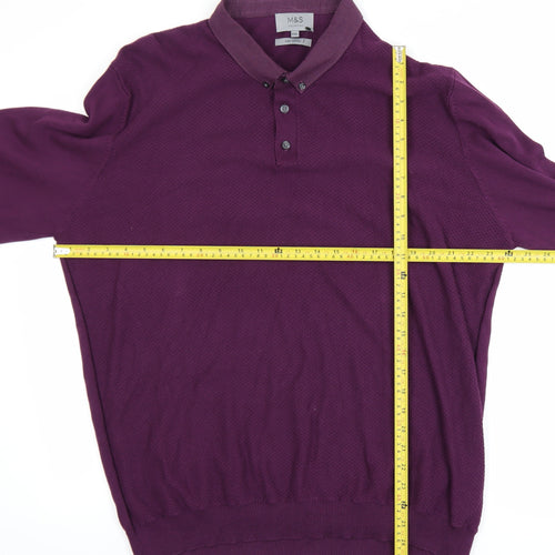 Marks and Spencer Men’s Purple 2XL Cotton Collared Henley Jumper