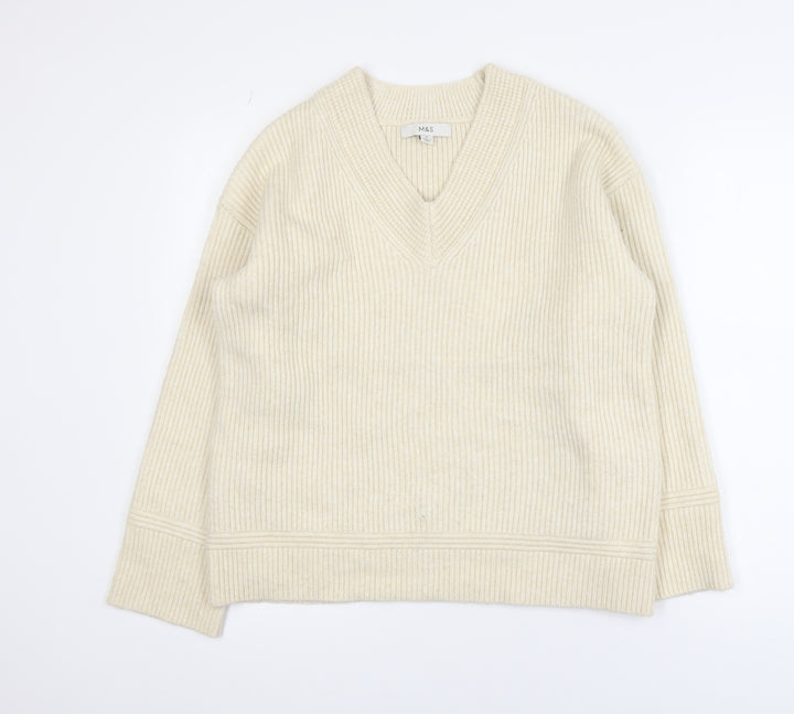 Marks and Spencer Womens Beige Wool V-Neck Pullover Jumper M