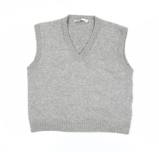 Zara Women Grey V-Neck Wool Blend Sleeveless Vest Jumper Size 12