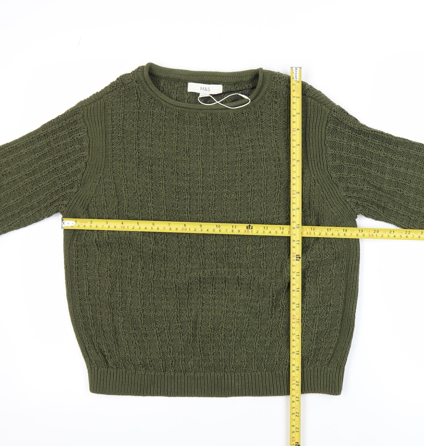 Marks and Spencer Women's Green Cable-Knit Crew Neck Jumper Size S
