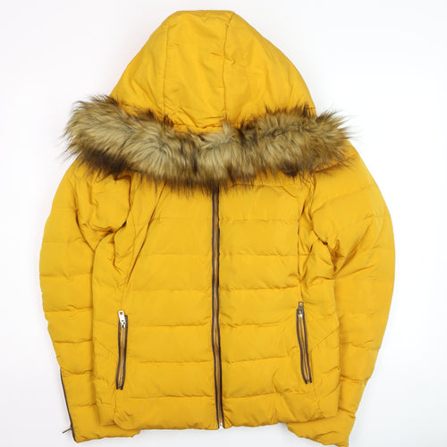 Zara Women Yellow Faux Fur Hooded Puffer Jacket XL Winter Coat