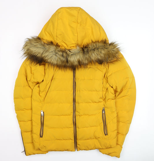 Zara Women Yellow Faux Fur Hooded Puffer Jacket XL Winter Coat